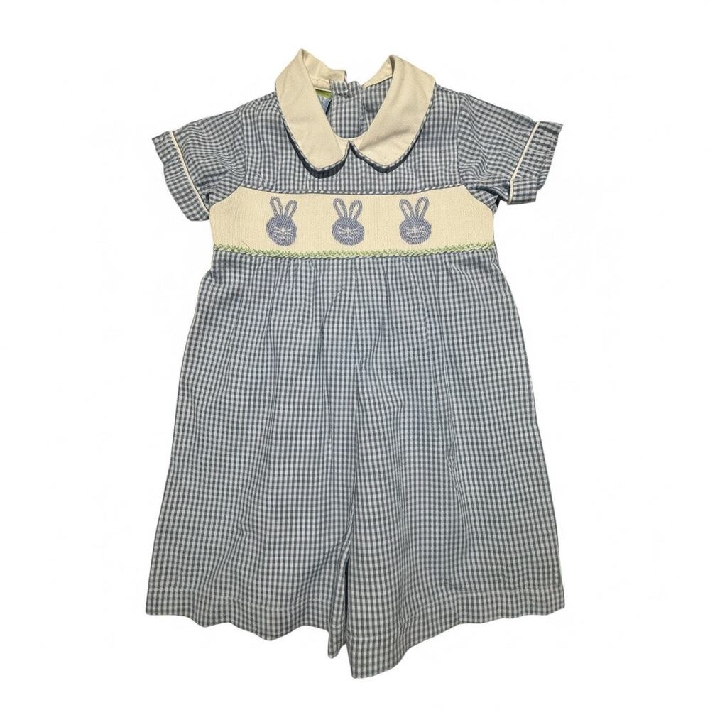 Velani Classics 9M Blue Gingham Smocked Bunny Easter Shortall Baby Boy